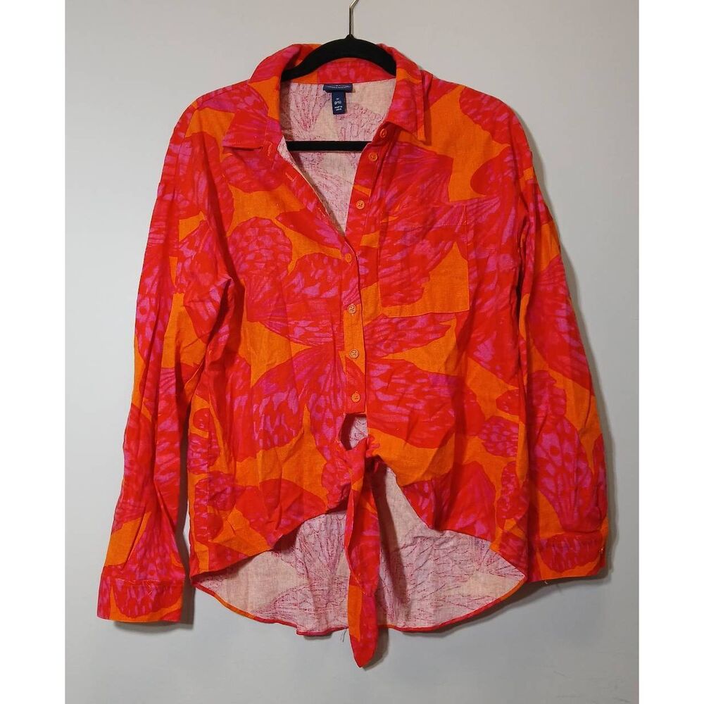 Scoop nyc womens medium linen shirt pink orange tie front blouse floral